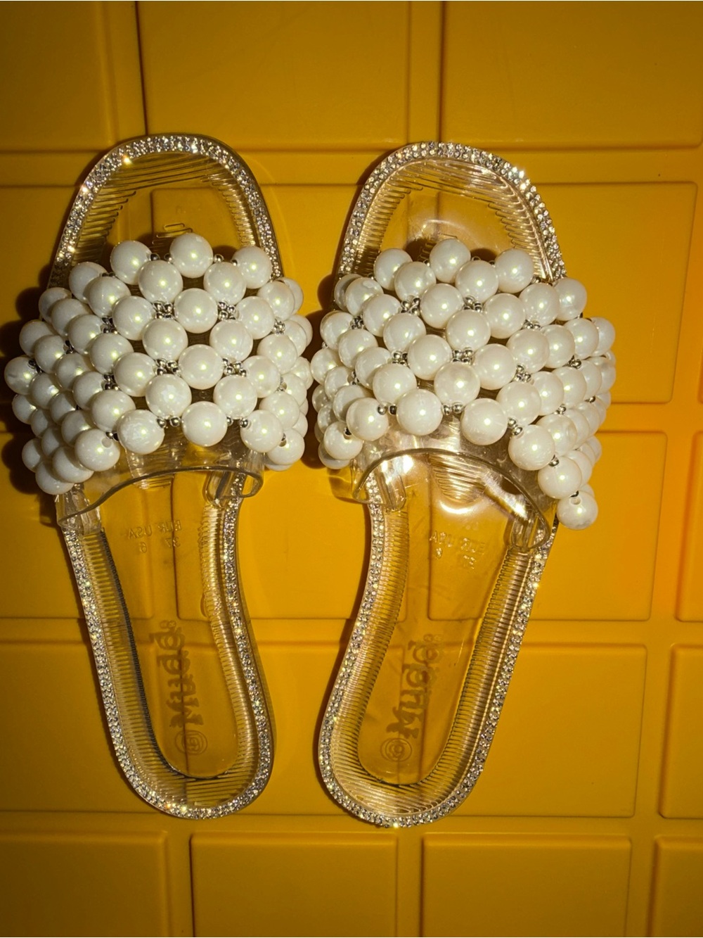 Mudd Pearl-Embellished Clear Slide Sandals - White